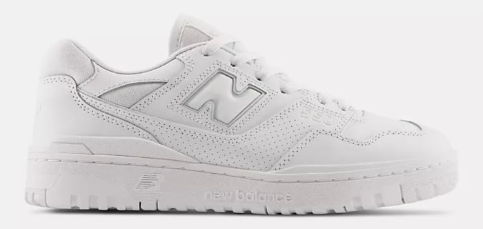 View of white New Balance shoe.